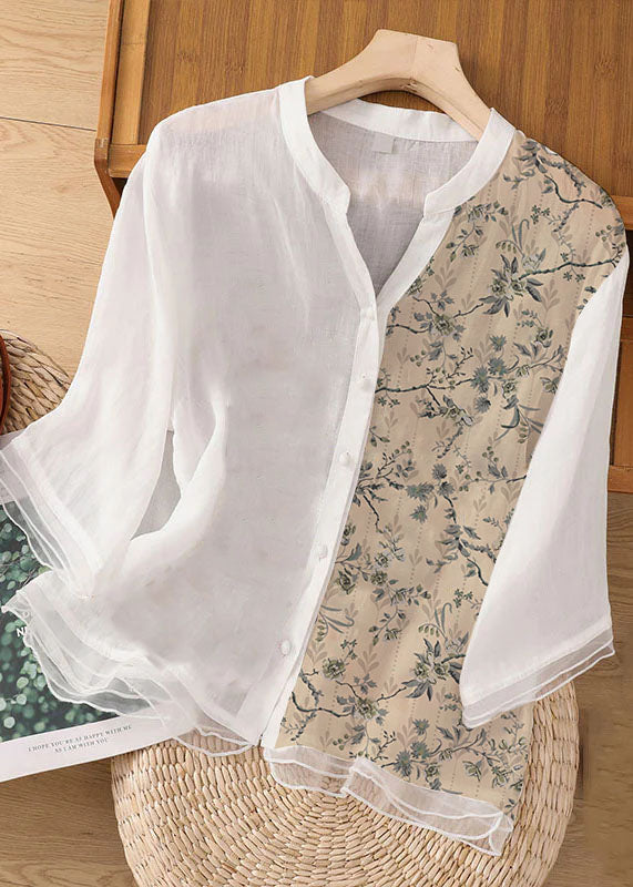 Chic White-a quarter flower Embroideried Button Patchwork Linen Top Bracelet Sleeve