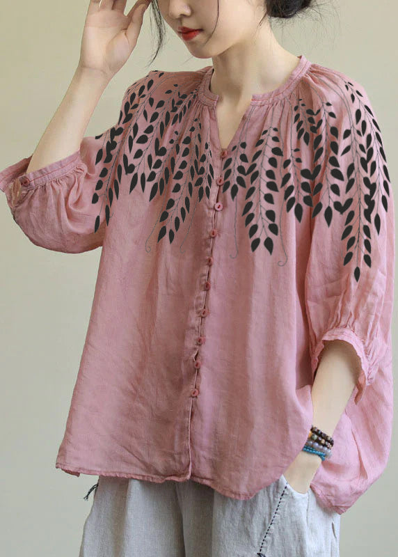 Italian Pink-orange flower V Neck Button Loose Fall Half Sleeve Blouse Top