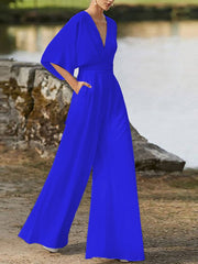 Red wave point Elegant Deep V Neck Plain Half Sleeve High Waist Wide Leg Jumpsuit