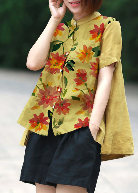 Yellow-geometry Print Patchwork Linen Top Button Stand Collar Summer