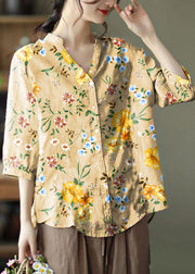 French Khaki Embroidered V Neck Ramie Blouse Top Summer