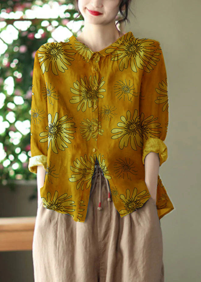 Retro Peacock Green-dark pattern Peter Pan Collar Print Button Wrinkled Shirts Long Sleeve