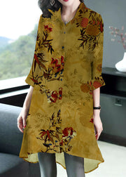 Yellow Print Silk Long Blouse Tops Peter Pan Collar Button Half Sleeve