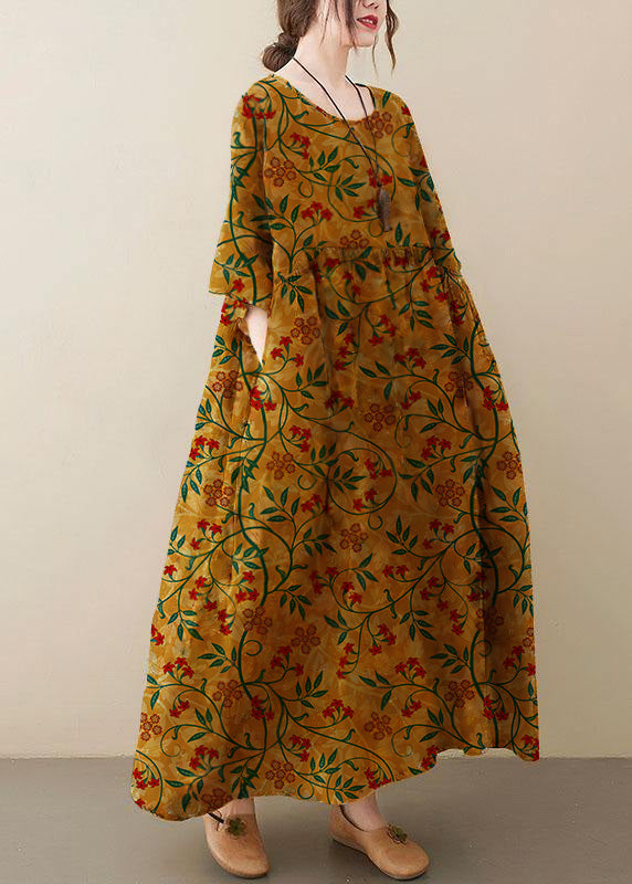 Natural dark Yellow O-Neck Pockets Print Summer Sundress