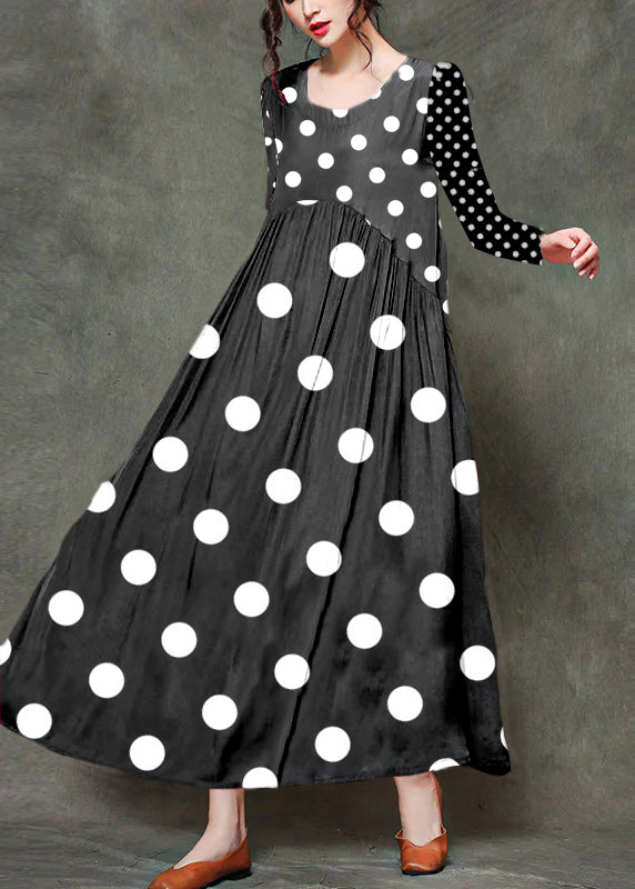 Casual Black polka dots stitching O-Neck Wrinkled Long Dresses Sleeveless