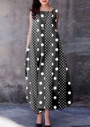 Bohemian Black polka dots O-Neck Exra Large Hem Cotton Dresses Sleeveless