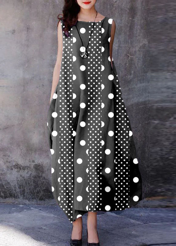 Bohemian Black polka dots O-Neck Exra Large Hem Cotton Dresses Sleeveless