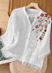 Chic White-a quarter flower Embroideried Button Patchwork Linen Top Bracelet Sleeve