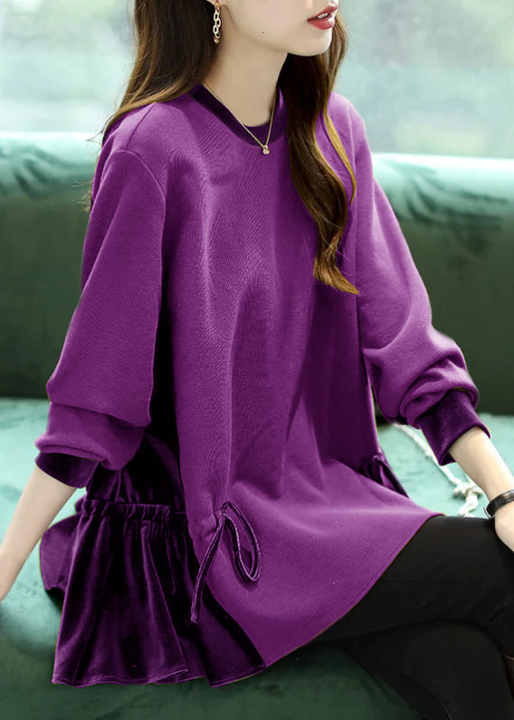 Loose Purple O-Neck Patchwork Drawstring Sweatshirts Top Long Sleeve