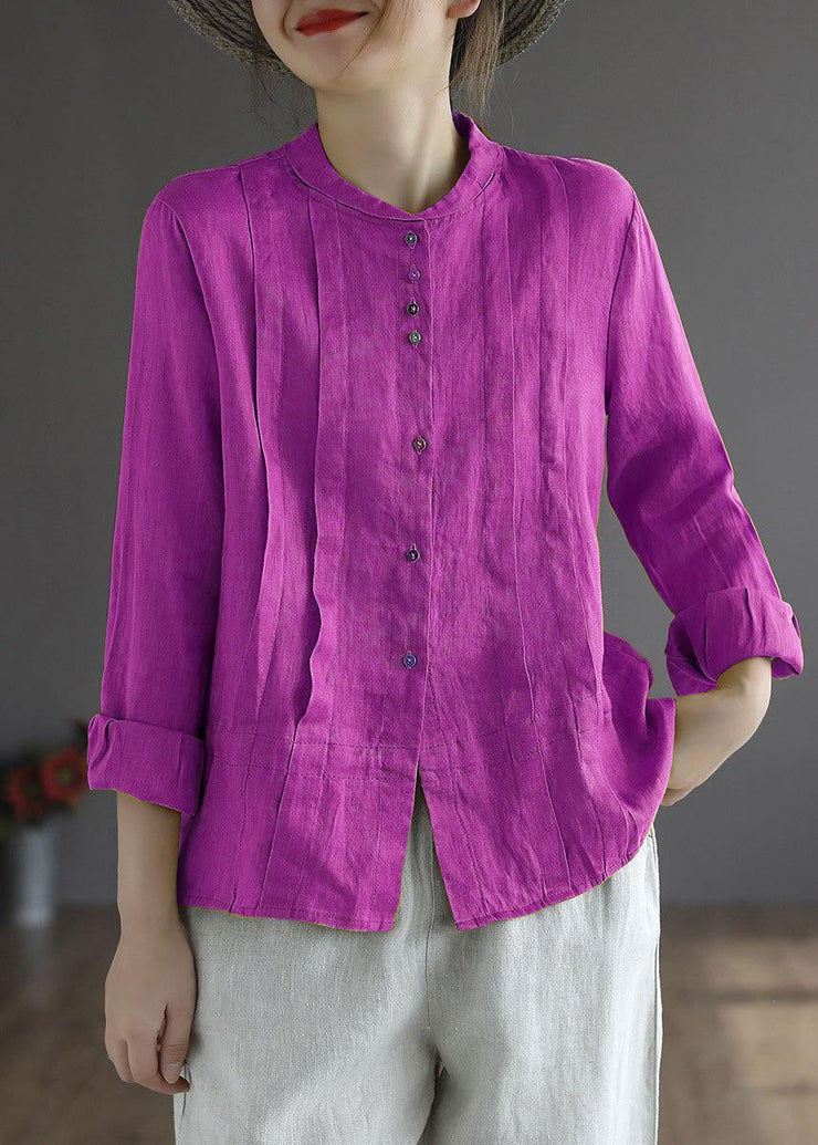 Women Purple  Elegant Button Fall Top Long Sleeve Linen