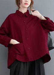 Blue Patchwork Cotton Shirt Top Oversized Pockets Fall