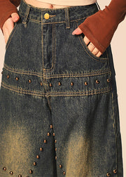 American Retro Blue Rivets High Waist Denim Wide Leg Pants Winter