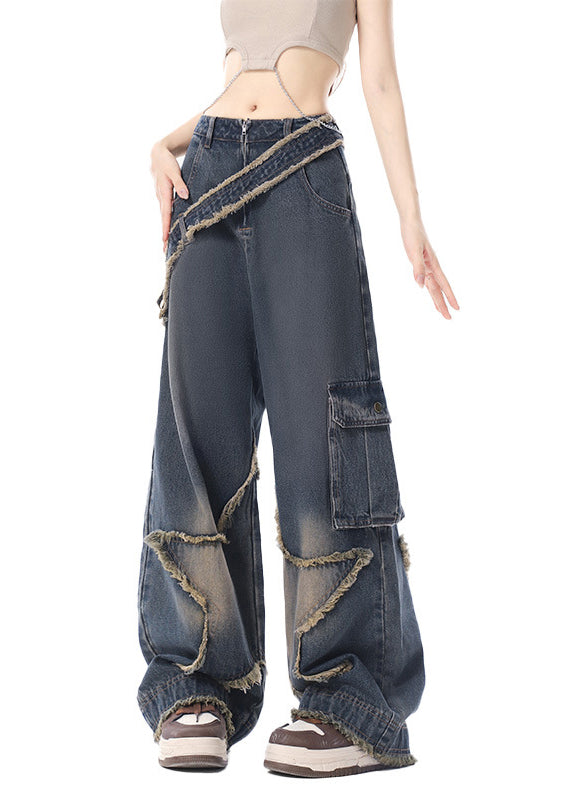 American Retro Design With Star Ruffled Denim Straight Pants Autumn