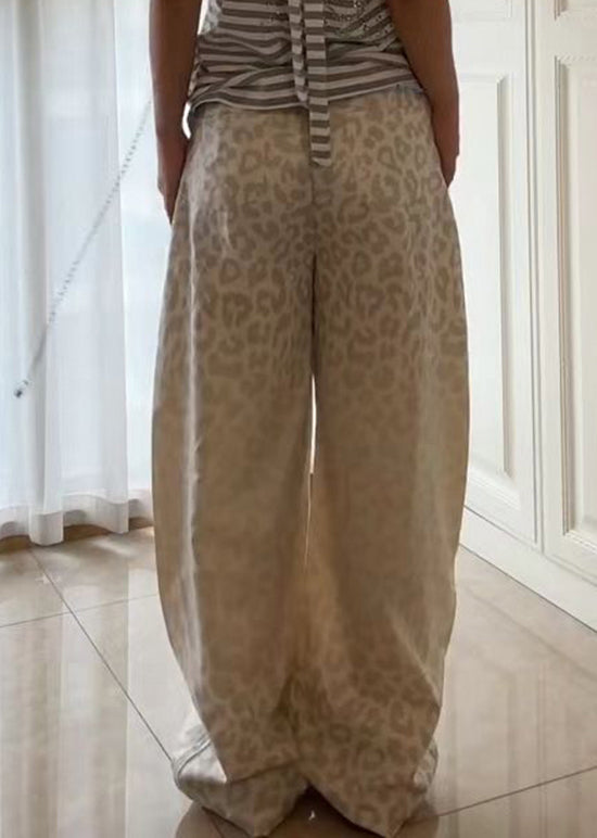 American Style Beige Leopard Patchwork Denim Pants Fall