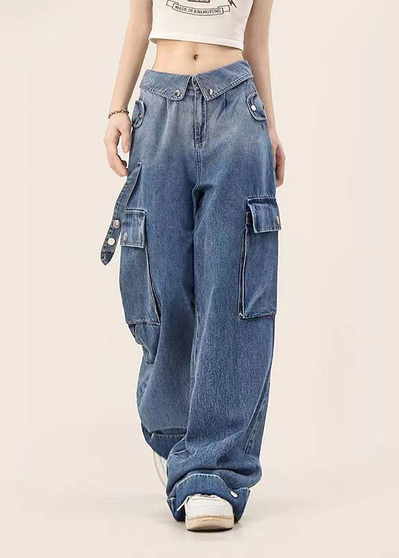 American Style Blue Gradient Pockets Denim Straight Pants Spring