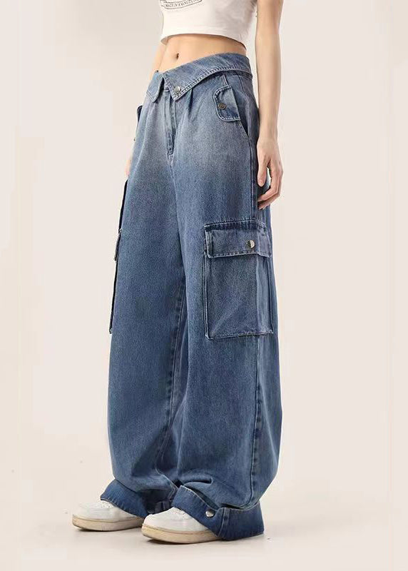 American Style Blue Gradient Pockets Denim Straight Pants Spring