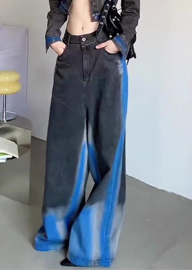 American Style Colorblock Gradient High Waist Denim Wide Leg Pants Fall