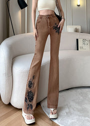 American Style Khaki Embroidered Pockets Denim Flare Bottoms Spring