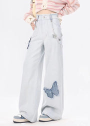 American Style Light Blue Pockets Butterfly Patch Denim Pants Spring