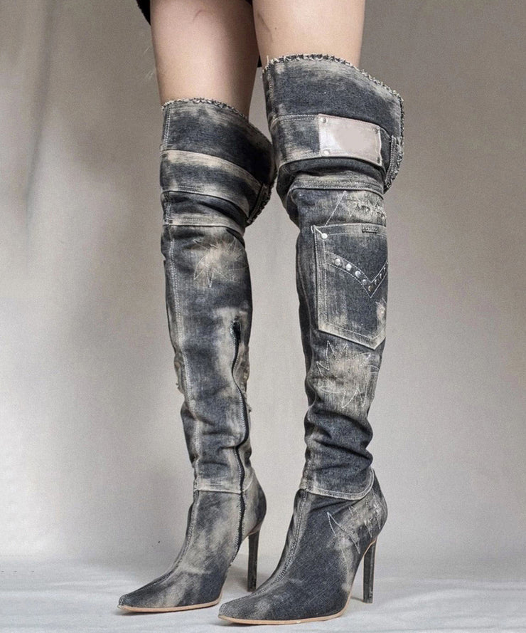 American Style Spicy Girl Pointed Denim Knee High Boots