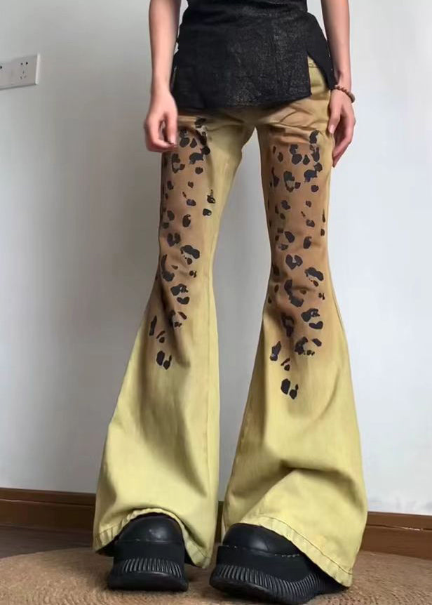 American Style Yellow Leopard Slim Fit Denim Flare Bottoms Fall