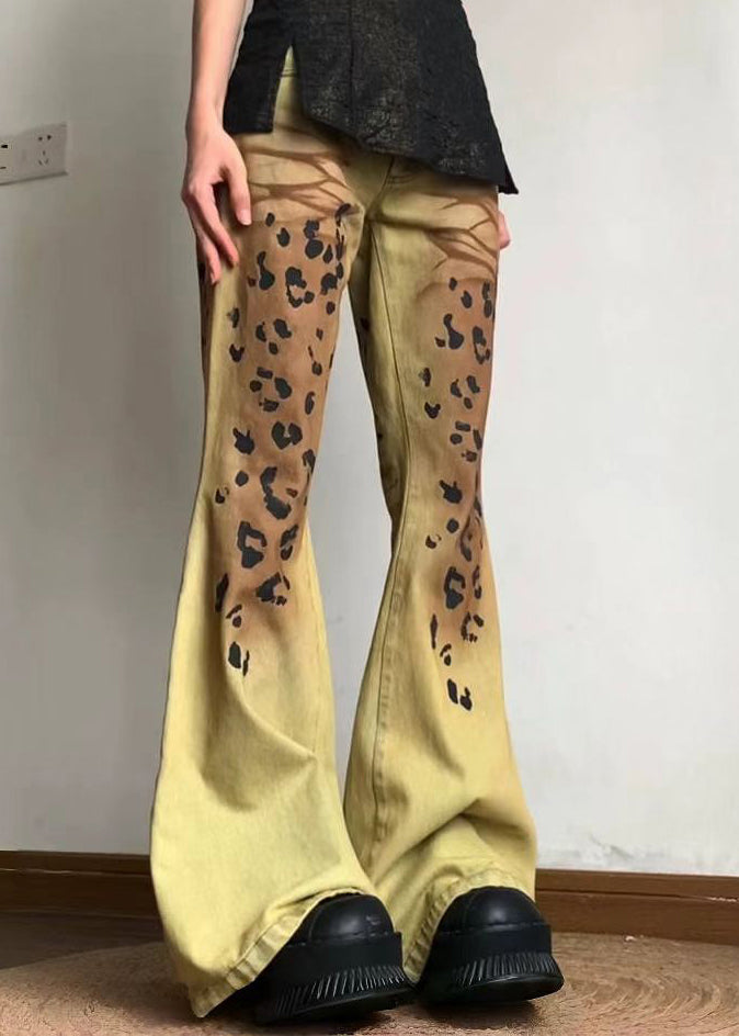 American Style Yellow Leopard Slim Fit Denim Flare Bottoms Fall