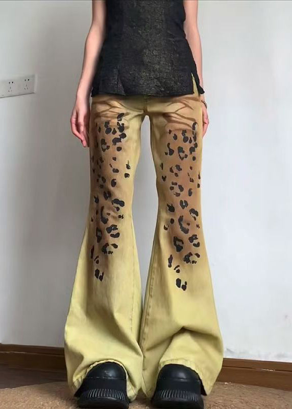 American Style Yellow Leopard Slim Fit Denim Flare Bottoms Fall