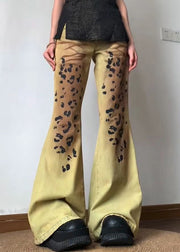 American Style Yellow Leopard Slim Fit Denim Flare Bottoms Fall