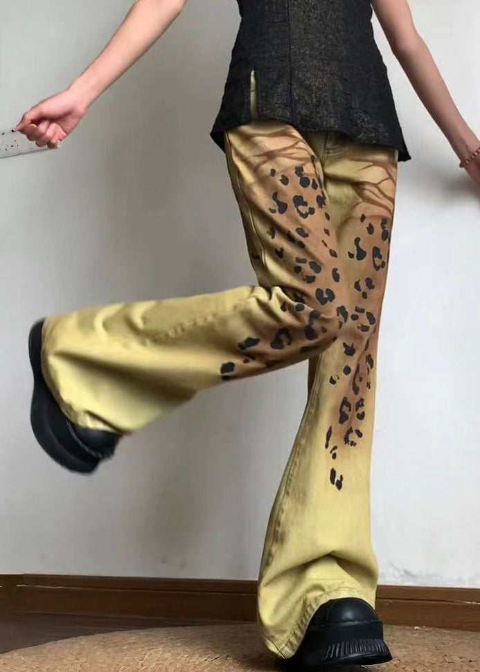 American Style Yellow Leopard Slim Fit Denim Flare Bottoms Fall