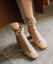 Apricot Bow Floral Zircon Classy Splicing Chunky Boots