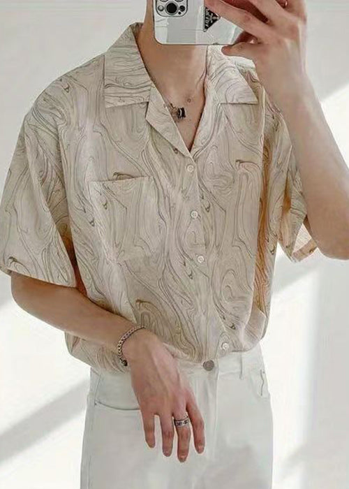 Apricot Button Cotton Men Shirt Notched Short Sleeve