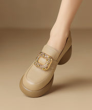 Apricot Chunky Sheepskin Soft Splicing Zircon Loafers For Women