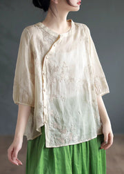 Apricot Embroidered Patchwork Linen Blouses O Neck Half Sleeve