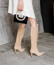 Apricot High Heel Suede Fashion Cross Strap Splicing Boots