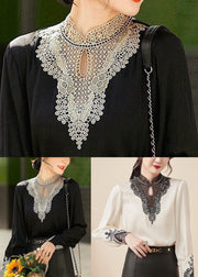 Apricot Lace Patchwork Chiffon Shirts Stand Collar Long Sleeve