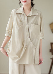 Apricot Loose Cotton Blouse Tops Asymmetrical Wrinkled Half Sleeve