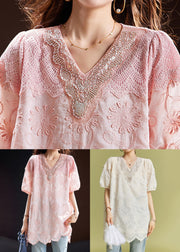 Apricot Nail Bead Lace Cotton Tops Short Sleeve