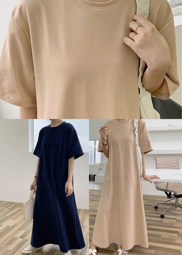 Apricot O-Neck Cozy Cotton Long Dresses Short Sleeve