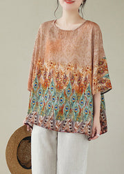 Apricot O-Neck Linen T Shirt Long Sleeve