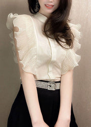 Apricot Patchwork Chiffon Shirt Tops Ruffled Slim Fit Summer