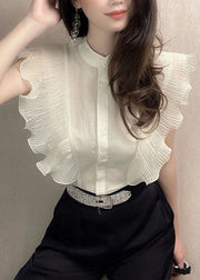 Apricot Patchwork Chiffon Shirt Tops Ruffled Slim Fit Summer