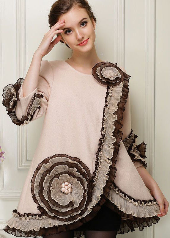 Apricot Patchwork Floral Woolen Coats Ruffled Nail Bead Spring