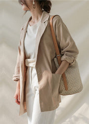 Apricot Patchwork Linen Coats Peter Pan Collar Long Sleeve