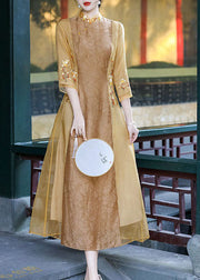 Apricot Patchwork Silk Dress Embroideried Stand Collar Spring