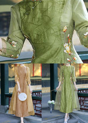 Apricot Patchwork Silk Dress Embroideried Stand Collar Spring