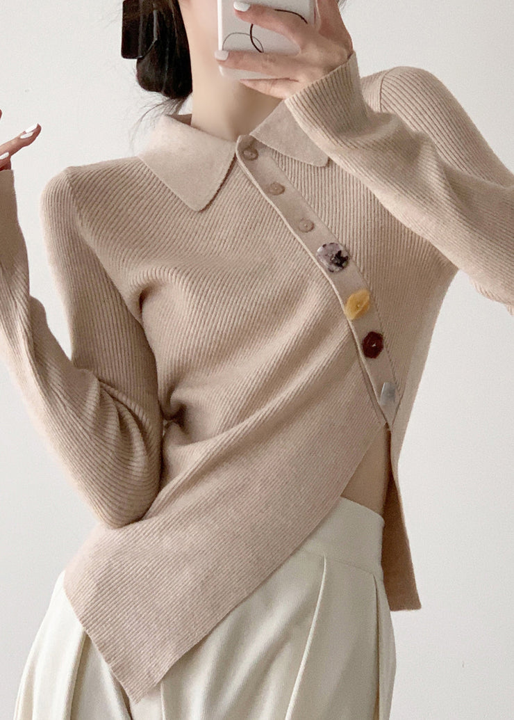 Apricot Peter Pan Collar Button Knit Pullover Long Sleeve