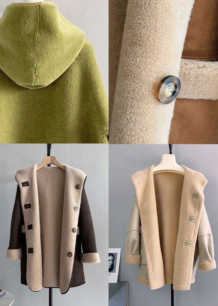 Apricot Pockets Button Patchwork Woolen Hoodies Outwear Winter