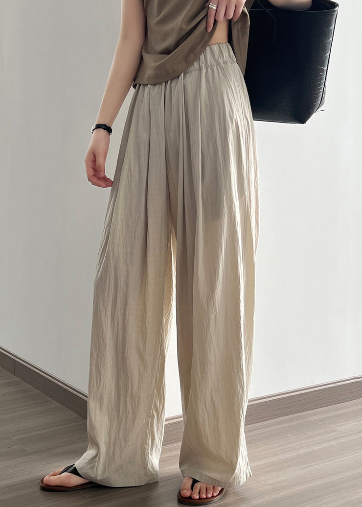 Apricot Pockets Cotton Wide Leg Pants Elastic Waist