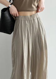 Apricot Pockets Cotton Wide Leg Pants Elastic Waist