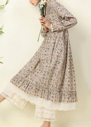 Apricot Pockets Patchwork Cotton Dress O Neck Long Sleeve